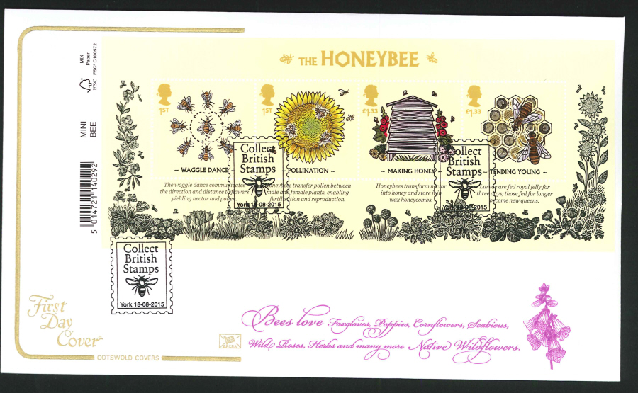 2015 Bees Miniature Sheet First Day Cover, Cotswold Collect British Stamps York Postmark