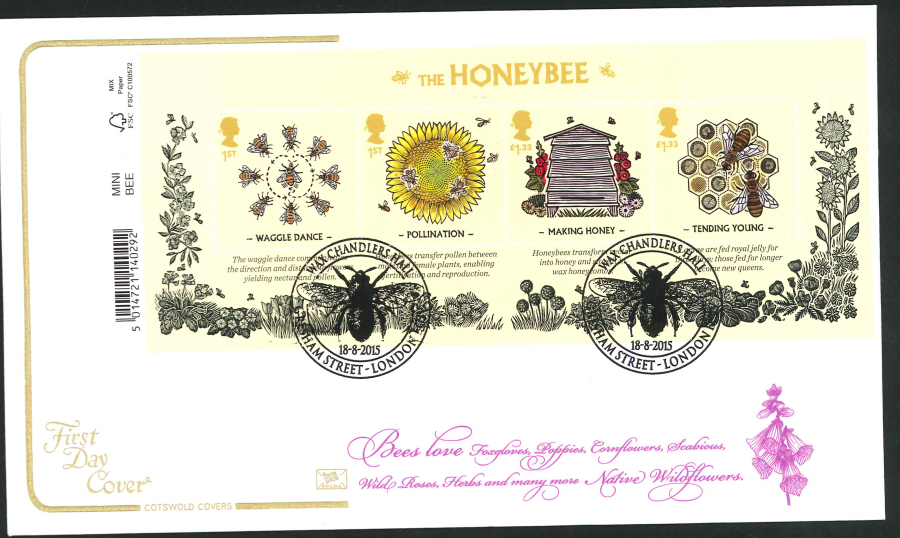 2015 Bees Miniature Sheet First Day Cover, Cotswold Wax Chandlers Hall London Postmark - Click Image to Close