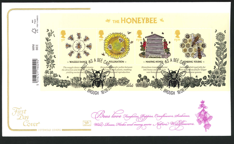 2015 Bees Miniature Sheet First Day Cover, Cotswold Hive, Brough Postmark