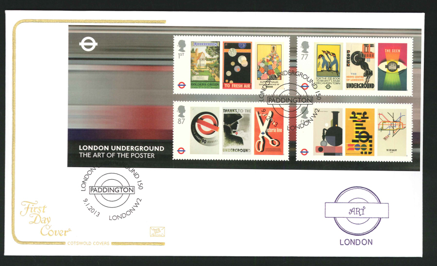 2013 - London Underground Miniature Sheet Cotswold First Day Cover, Paddington W2 Postmark