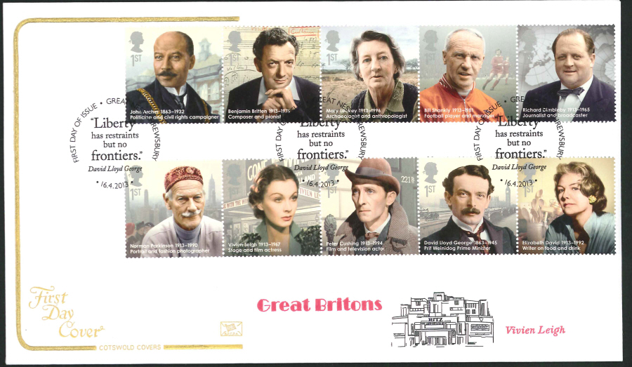 2013 - Great Britons Cotswold First Day Cover, LLoyd George Shrewsbury Postmark - Click Image to Close