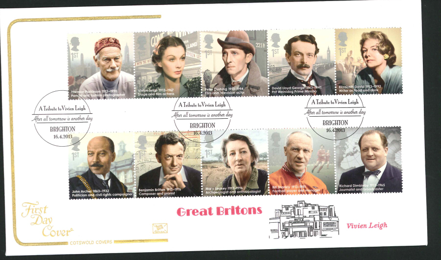 2013 - Great Britons Cotswold First Day Cover, Vivian Leigh Brighton Postmark