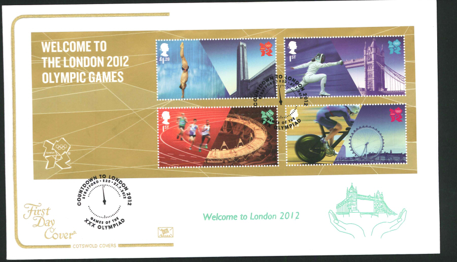 2012 - Olympic Games Mini Sheet Cotswold First Day Cover,Countdown to London Postmark - Click Image to Close