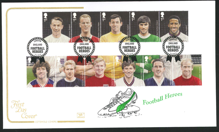 2013 -Football Heroes Set Cotswold First Day Cover London Postmark