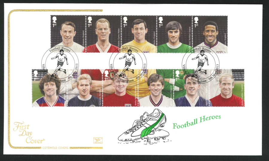 2013 -Football Heroes Set Cotswold First Day Cover,Villa Road Birmingham Postmark