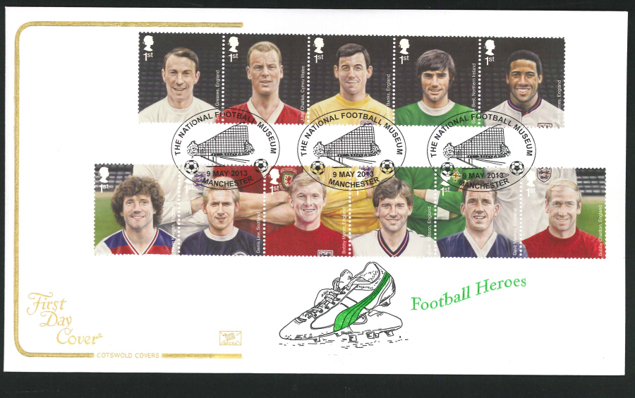 2013 -Football Heroes Set Cotswold First Day Cover, Football Museum Manchester Postmark