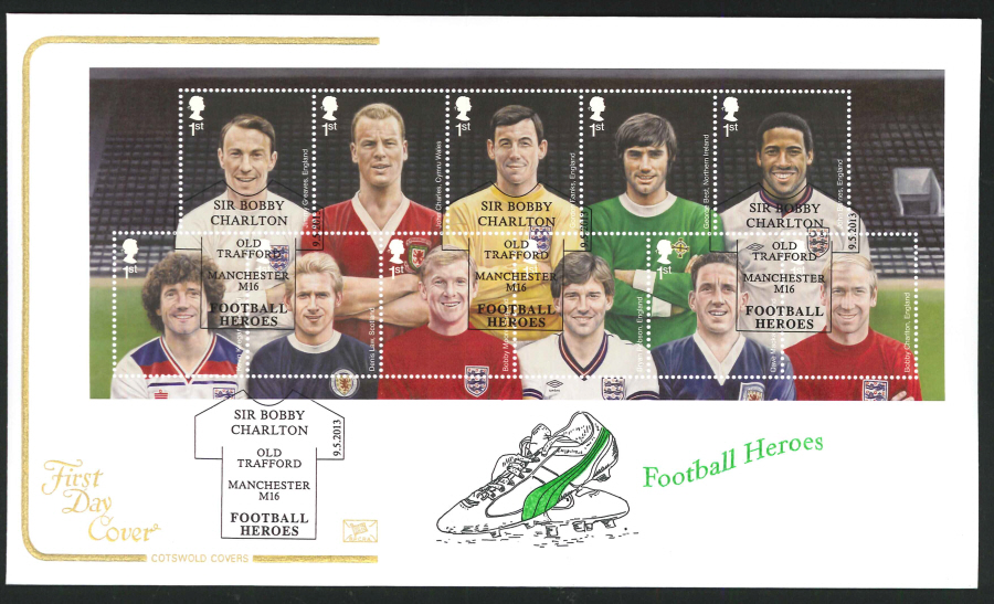 2013 -Football Heroes Miniature Sheet Cotswold First Day Cover,Old Trafford Postmark