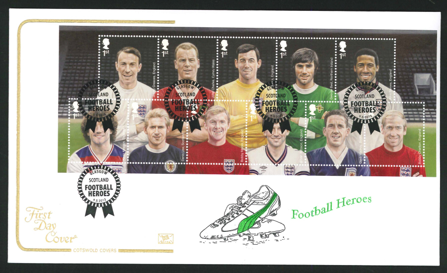 2013 -Football Heroes Miniature Sheet Cotswold First Day Cover,Glasgow Postmark