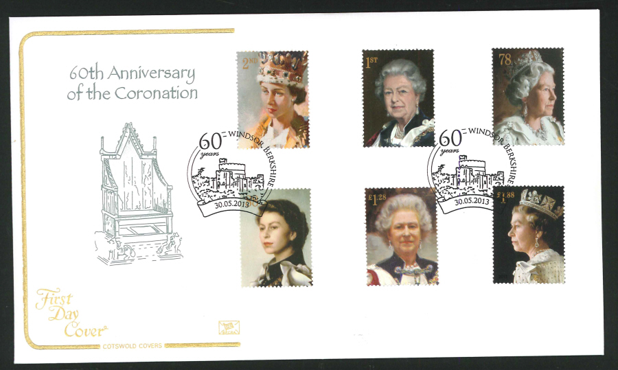 2013 - Queen's Portraits Coronation Cotswold First Day Cover, 60 years Windsor Berkshire Postmark