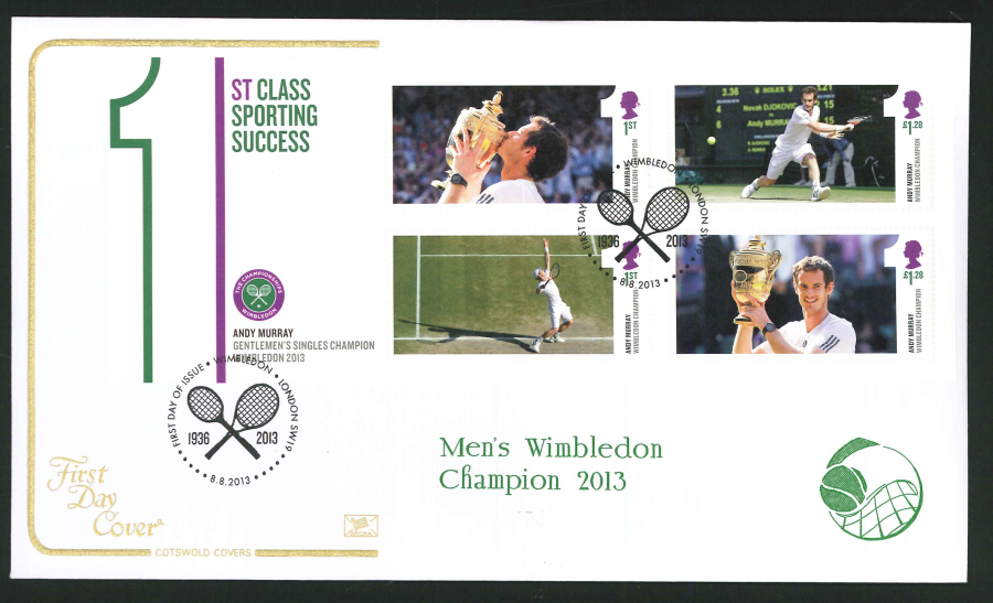 2013 -Wimbledon Champion Miniature Sheet Cotswold First Day Cover,F D I Wimbledon Postmark