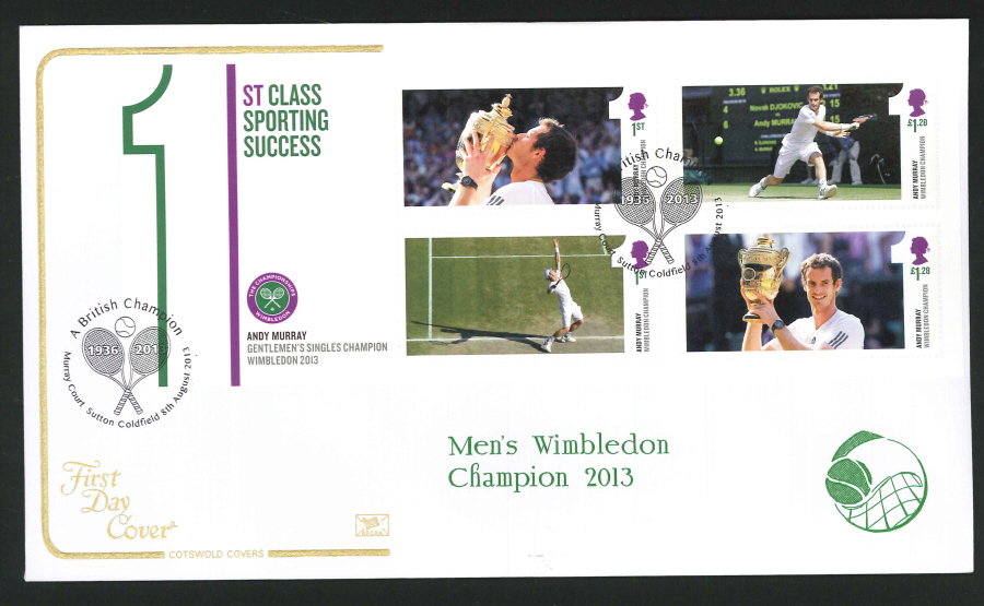 2013 -Wimbledon Champion Miniature Sheet Cotswold First Day Cover,Murray Court, Sutton Coldfield Postmark