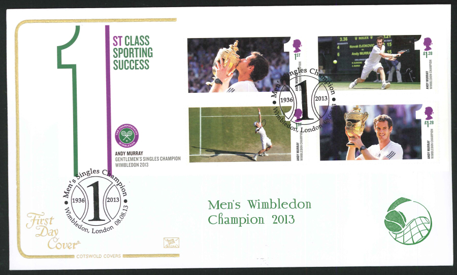 2013 -Wimbledon Champion Miniature Sheet Cotswold First Day Cover, Singles Champion Wimbledon Postmark
