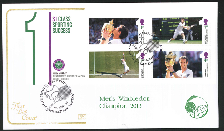 2013 -Wimbledon Champion Miniature Sheet Cotswold First Day Cover, Murray Rd Wimbledon Postmark