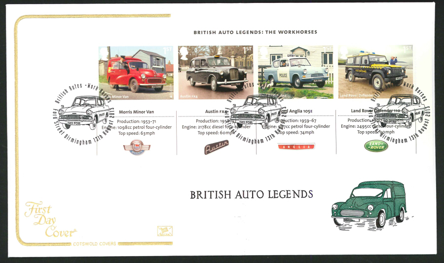 2013 - British Auto Legends Miniature Sheet Cotswold First Day Cover, Ford Street Birmingham Postmark - Click Image to Close