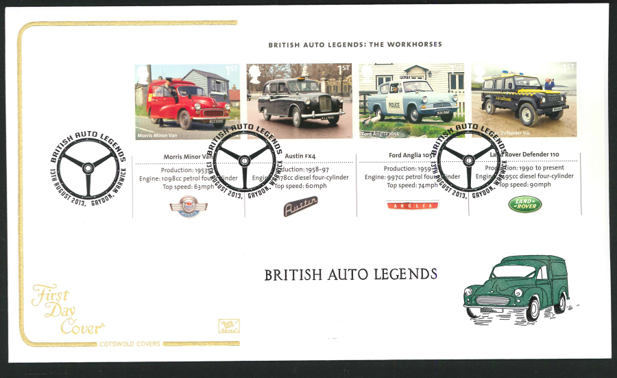 2013 - British Auto Legends Miniature Sheet Cotswold First Day Cover,Gaydon Postmark - Click Image to Close