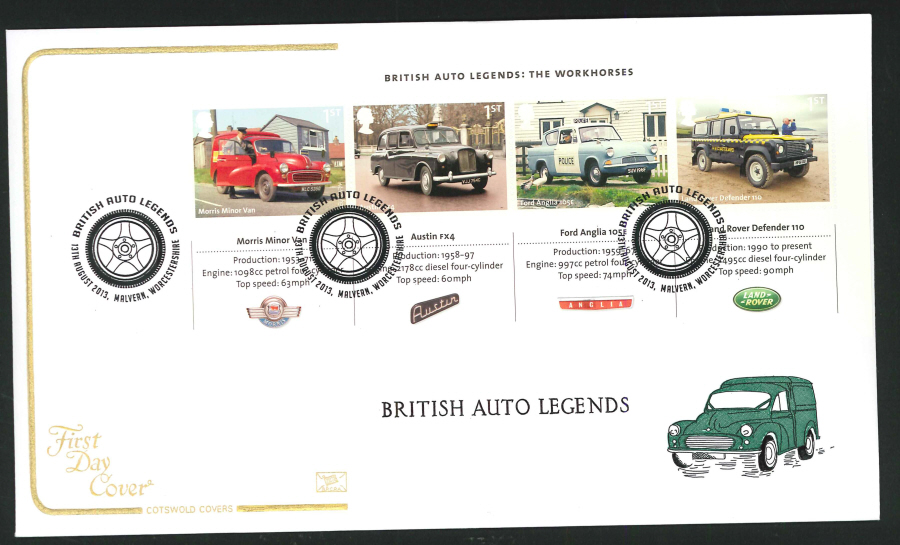 2013 - British Auto Legends Miniature Sheet Cotswold First Day Cover, Malvern Postmark - Click Image to Close