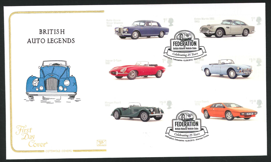 2013 - British Auto Legends Set Cotswold First Day Cover,Fed of Vehicle Clubs Wallingford Postmark