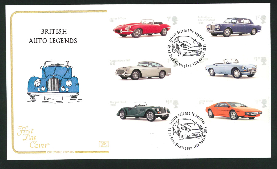 2013 - British Auto Legends Set Cotswold First Day Cover, Aston Road Birmingham Postmark