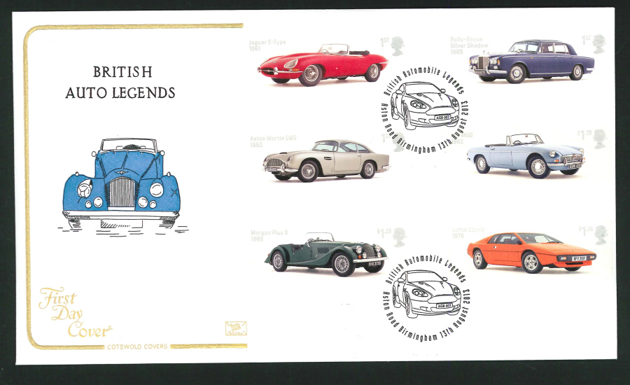2013 - British Auto Legends Set Cotswold First Day Cover, Aston Road Birmingham Postmark