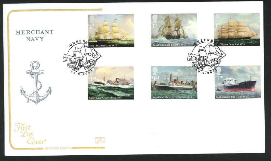 2013 - Merchant Navy Set First Day Cover,COTSWOLD, Greenock Postmark