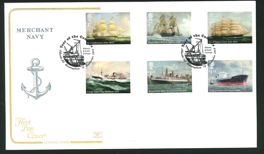 2013 - Merchant Navy Set First Day Cover, COTSWOLD Year of the Convoy / Atlantic Rd Birmingham Postmark