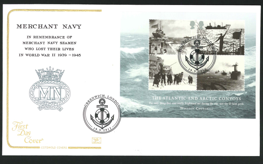 2013 - Merchant Navy Minisheet First Day Cover, COTSWOLD,Greenwich, London Postmark