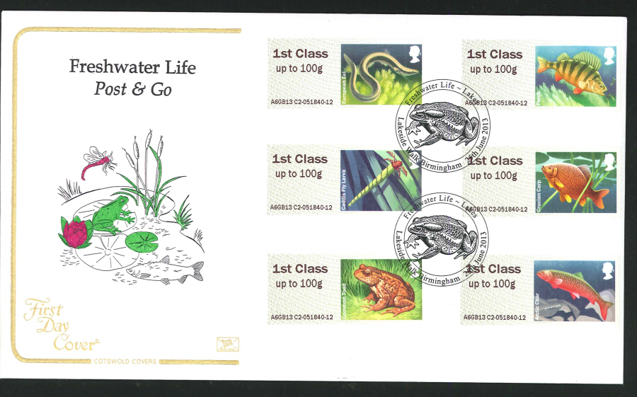 2013 Post & Go Freshwater Life,COTSWOLD, FDC Lakeside Walk Birmingham Handstamp