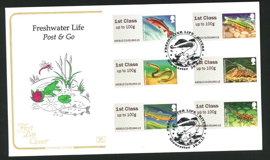 2013 Post & Go Freshwater Life,COTSWOLD, FDC Gloucester Handstamp