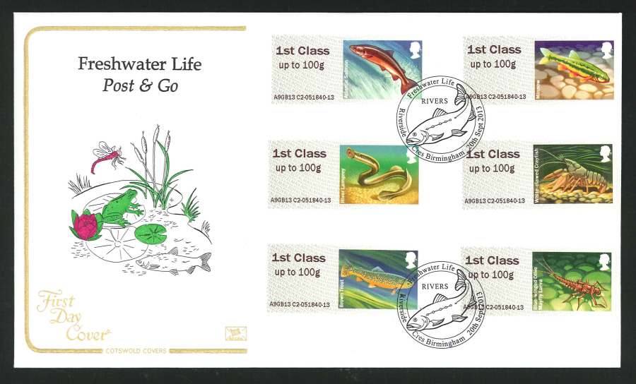 2013 Post & Go Freshwater Life,COTSWOLD, FDC Riverside Cres Birmingham Handstamp