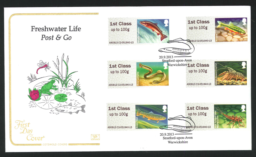 2013 Post & Go Freshwater Life,COTSWOLD, FDC Stratford upon Avon Handstamp