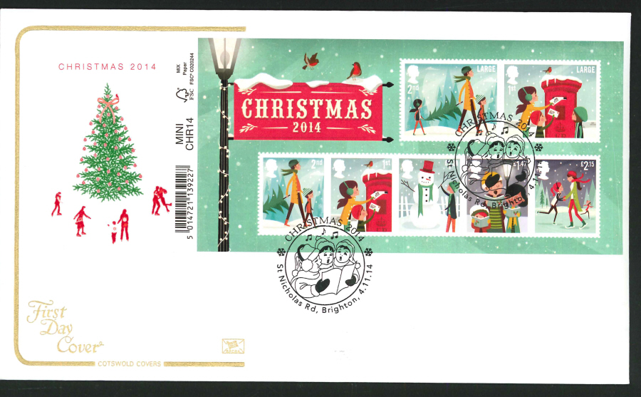 2014 Christmas Mini Sheet,COTSWOLD, FDC St Nicholas Rd Handstamp