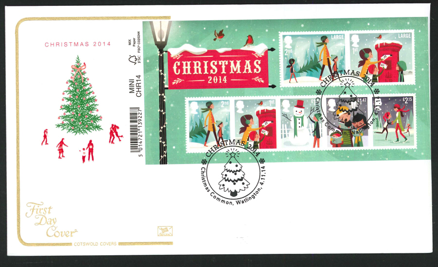 2014 Christmas Mini Sheet,COTSWOLD, FDC Christmas Common Handstamp - Click Image to Close