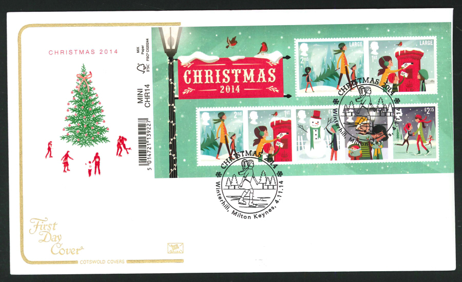 2014 Christmas Mini Sheet,COTSWOLD, FDC Winterhill Handstamp