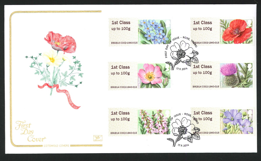 2014 Post & Go Symbolic Flowers ,COTSWOLD, FDC FDI Rose Truro Handstamp