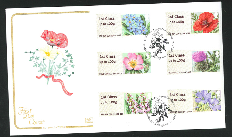 2014 Post & Go Symbolic Flowers ,COTSWOLD, FDC Rosefields Birmingham Handstamp