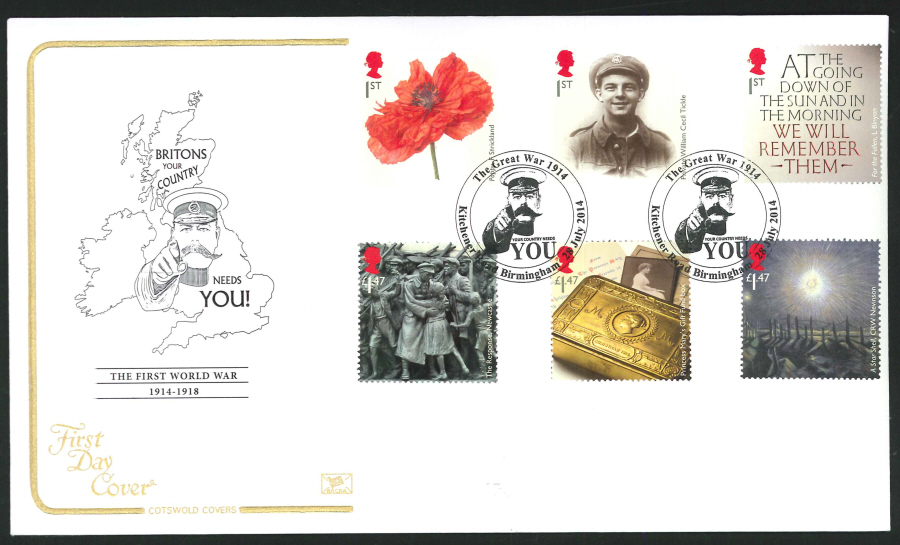 2014 The Great War ,COTSWOLD, FDC Kitchener Rd Birmingham Handstamp