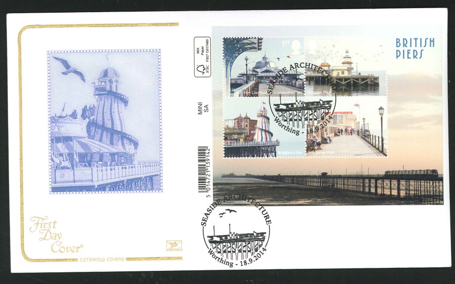 2014 Piers Mini Sheet,COTSWOLD, FDC Worthing Handstamp - Click Image to Close