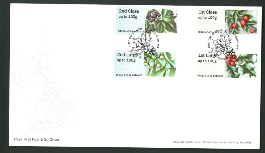 2014 Post & Go British Flora 3 , FDC FDI Hollybush,Ayr Handstamp