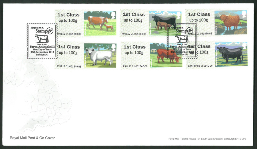 2012 - Royal Mail FDC Farm Animals 3 Post & Go Stampex Postmark