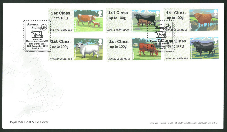 2012 - Royal Mail FDC Farm Animals 3 Post & Go Stampex Postmark