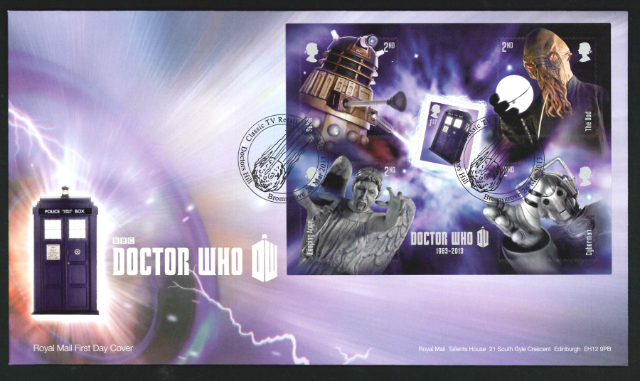 2013 - Dr Who Miniature Sheet First Day Cover, Classic TV Retail Booklet / Doctors Hill Bromsgrove Postmark