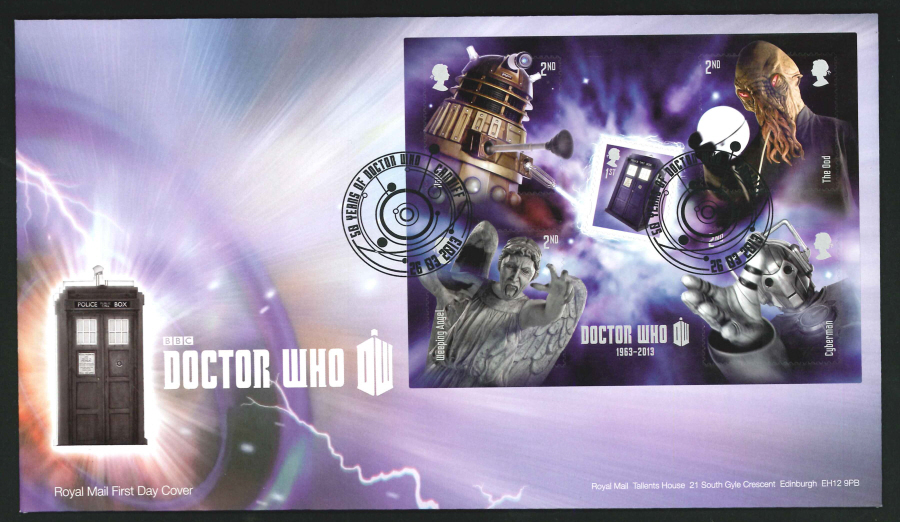 2013 - Dr Who Miniature Sheet First Day Cover, 50 Years of Doctor Who / Cardiff (Planets) Postmark - Click Image to Close