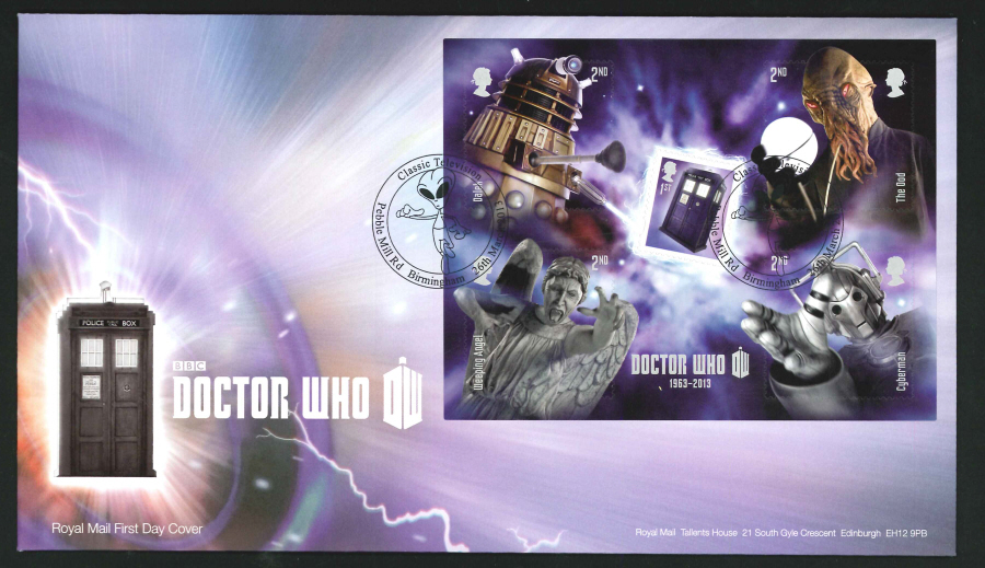 2013 - Dr Who Miniature Sheet First Day Cover, Classic Television / Pebble Mill Road Birmingham Postmark