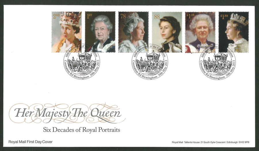 2013 - Queen's Portraits Coronation First Day Cover, Coronation Rd Birmingham Postmark