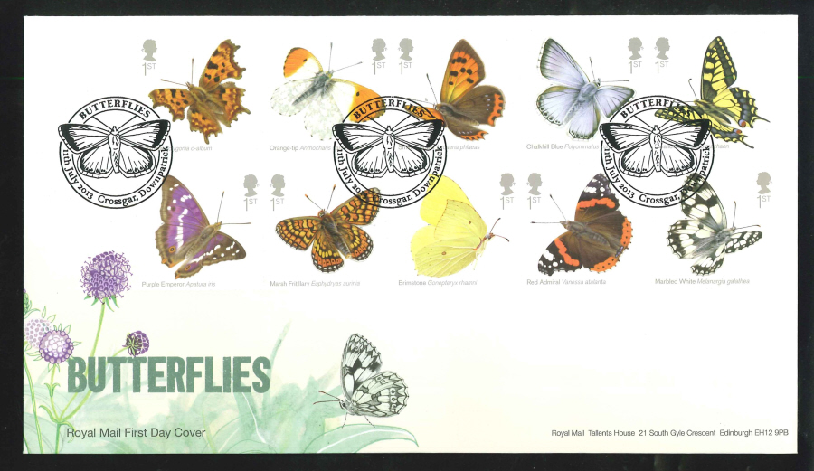 2013 - Butterflies Set First Day Cover, Crossgar Downpatrick Postmark