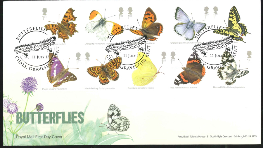 2013 - Butterflies Set First Day Cover, Chalk Gravesend Postmark