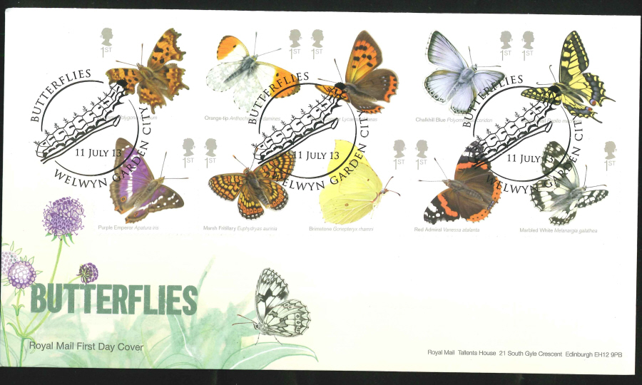2013 - Butterflies Set First Day Cover, Welwyn Garden City Postmark