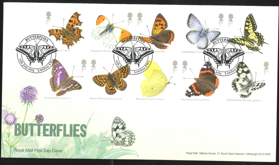 2013 - Butterflies Set First Day Cover, Wareham Dorset Postmark