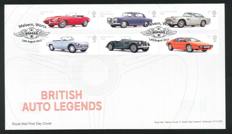 2013 - British Auto Legends Set First Day Cover, Morgan / Malvern, Worcs Postmark