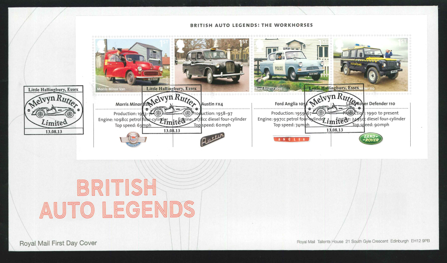 2013 - British Auto Legends Miniature Sheet First Day Cover, Melvyn Rutter Essex Postmark - Click Image to Close